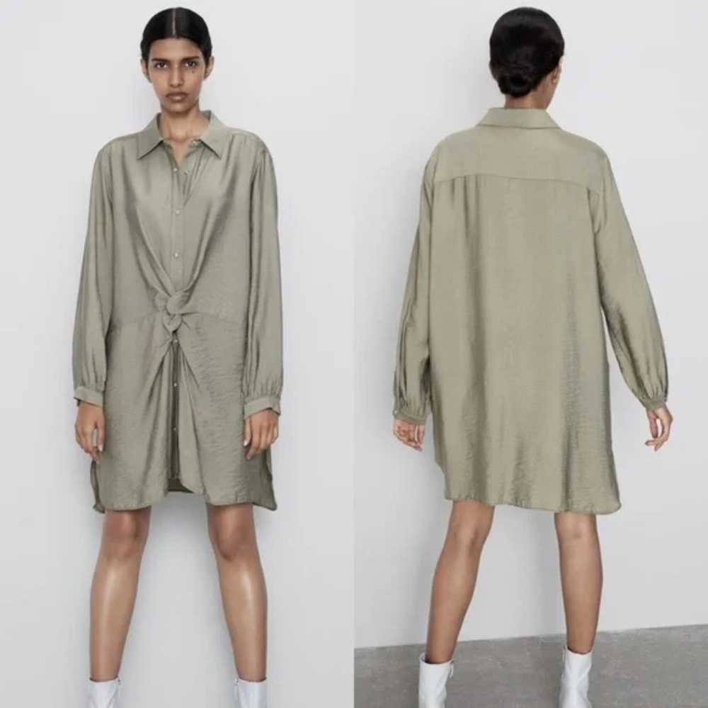 Zara Knotted Collar Shirt Dress in Green, size 8